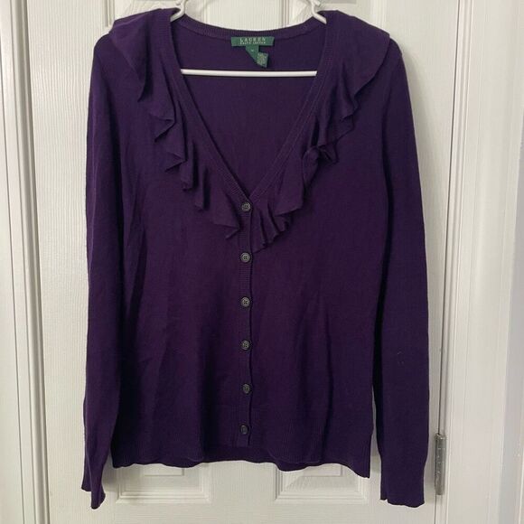 Lauren Ralph Lauren Purple Ruffle Trim Silk Cashmere Cardigan Sweater Medium - Picture 1 of 6
